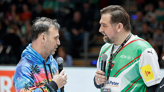 Bob Hanning (Managing Director Füchse Berlin) together with Michael Bernatek (Hall announcer)