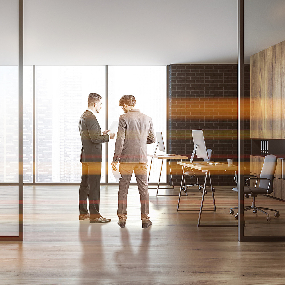 Side view of modern manager office interior with a wooden floor, black brick walls, stylish computer tables and a panoramic cityscape window. Two businessmen talking 3d rendering mock up toned image